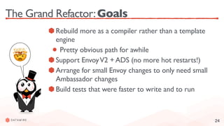 24
The Grand Refactor:Goals
Rebuild more as a compiler rather than a template
engine
Pretty obvious path for awhile
Support EnvoyV2 + ADS (no more hot restarts!)
Arrange for small Envoy changes to only need small
Ambassador changes
Build tests that were faster to write and to run
🤯
 
