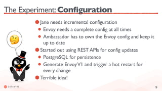 9
The Experiment:Configuration
Jane needs incremental configuration
Envoy needs a complete config at all times
Ambassador has to own the Envoy config and keep it
up to date
Started out using REST APIs for config updates
PostgreSQL for persistence
Generate EnvoyV1 and trigger a hot restart for
every change
Terrible idea!
🤔
 
