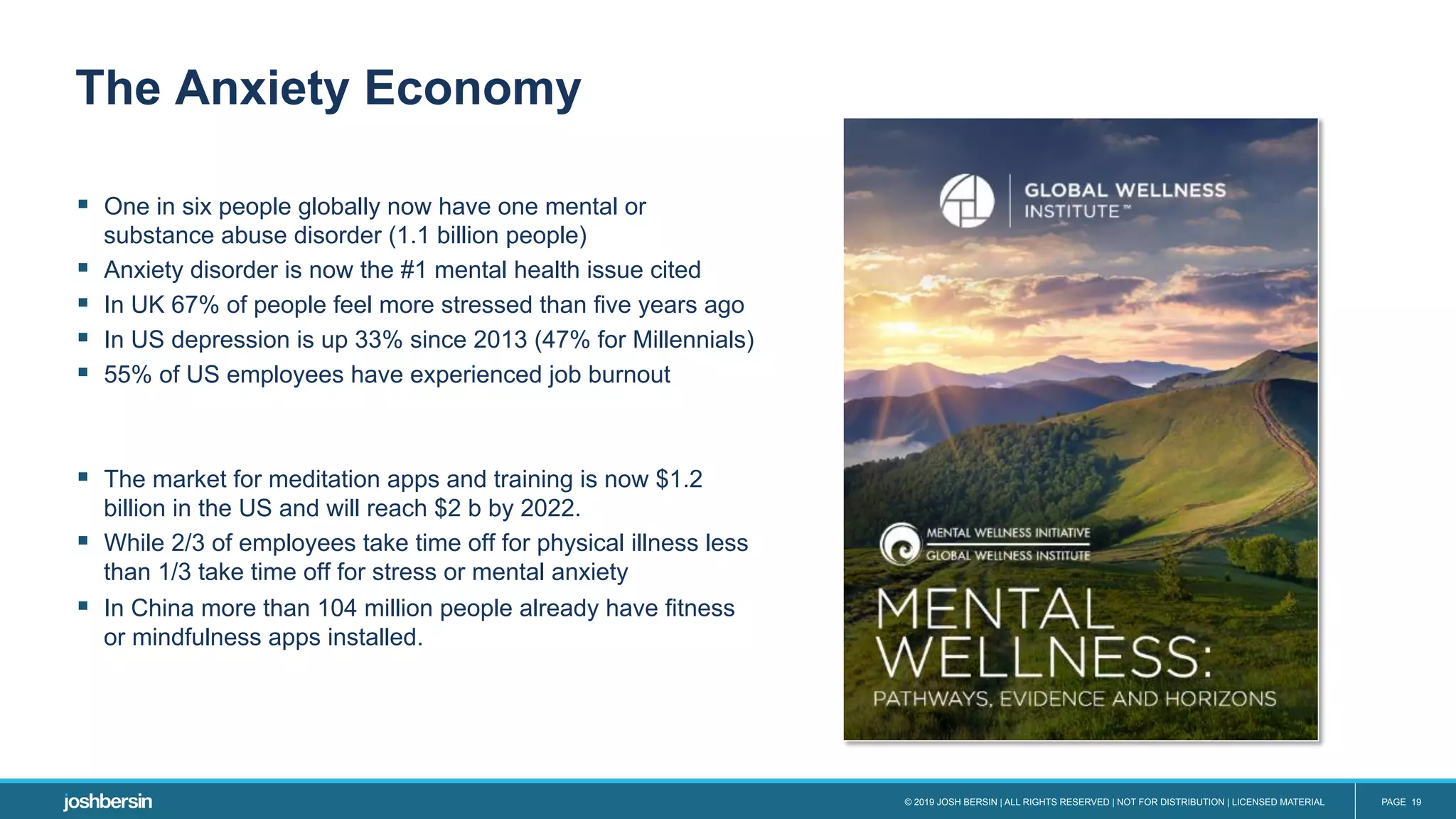 © 2019 JOSH BERSIN | ALL RIGHTS RESERVED | NOT FOR DISTRIBUTION | LICENSED MATERIAL PAGE 19
§  One in six people globally now have one mental or
substance abuse disorder (1.1 billion people)
§  Anxiety disorder is now the #1 mental health issue cited
§  In UK 67% of people feel more stressed than five years ago
§  In US depression is up 33% since 2013 (47% for Millennials)
§  55% of US employees have experienced job burnout
§  The market for meditation apps and training is now $1.2
billion in the US and will reach $2 b by 2022.
§  While 2/3 of employees take time off for physical illness less
than 1/3 take time off for stress or mental anxiety
§  In China more than 104 million people already have fitness
or mindfulness apps installed.
The Anxiety Economy
 