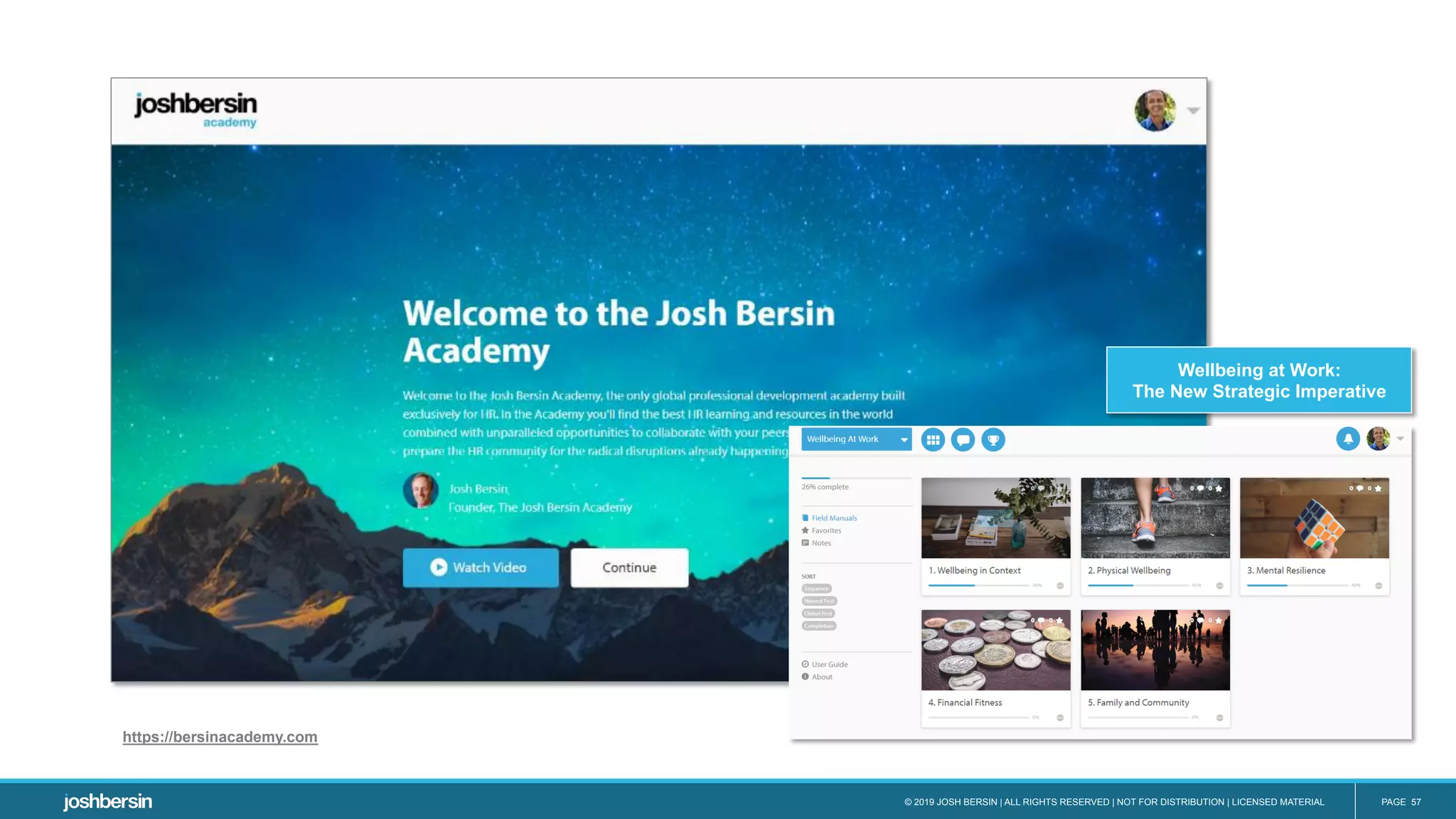 © 2019 JOSH BERSIN | ALL RIGHTS RESERVED | NOT FOR DISTRIBUTION | LICENSED MATERIAL PAGE 57
Wellbeing at Work:
The New Strategic Imperative
https://bersinacademy.com
 