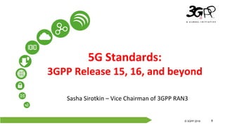 © 3GPP 2012
© 3GPP 2019 1
5G Standards:
3GPP Release 15, 16, and beyond
Sasha Sirotkin – Vice Chairman of 3GPP RAN3
 