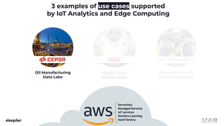 3 examples of use cases supported
by IoT Analytics and Edge Computing
Digital Train
Maintenance
Oil Manufacturing
Data Lake
Work-site security
helmet detection
Serverless
Managed Services
IoT services
Machine Learning
SaaS Factory
Utility leader company
 