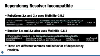 Dependency Resolver incompatible
• RubyGems 2.x and 3.x uses Molinillo-0.5.7
• Bundler 1.x and 2.x also uses Molinillo-0.6.4
• These are different versions and behavior of dependency
resolver.
~/D/g/r/rubygems (master) > ls lib/rubygems/resolver/molinillo/lib/molinillo
delegates dependency_graph.rb gem_metadata.rb resolution.rb state.rb
dependency_graph errors.rb modules resolver.rb
~/D/g/b/bundler (master) > ls lib/bundler/vendor/molinillo/lib/molinillo
compatibility.rb dependency_graph errors.rb modules resolver.rb
delegates dependency_graph.rb gem_metadata.rb resolution.rb state.rb
 