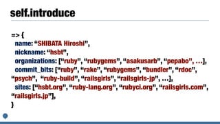 self.introduce
=> {
name: “SHIBATA Hiroshi”,
nickname: “hsbt”,
organizations: [“ruby”, “rubygems”, “asakusarb”, “pepabo”, …],
commit_bits: [“ruby”, “rake”, “rubygems”, “bundler”, “rdoc”,
“psych”, “ruby-build”, “railsgirls”, “railsgirls-jp”, …],
sites: [“hsbt.org”, “ruby-lang.org”, “rubyci.org”, “railsgirls.com”,
“railsgirls.jp”],
}
 