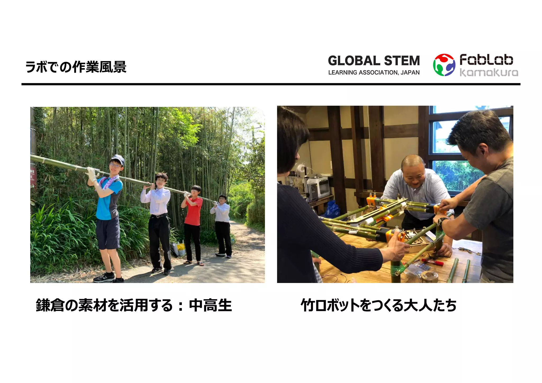 GLOBAL STEM
LEARNING ASSOCIATION, JAPAN
⽵ロボットをつくる⼤⼈たち
ラボでの作業⾵景
鎌倉の素材を活⽤する : 中⾼⽣
 