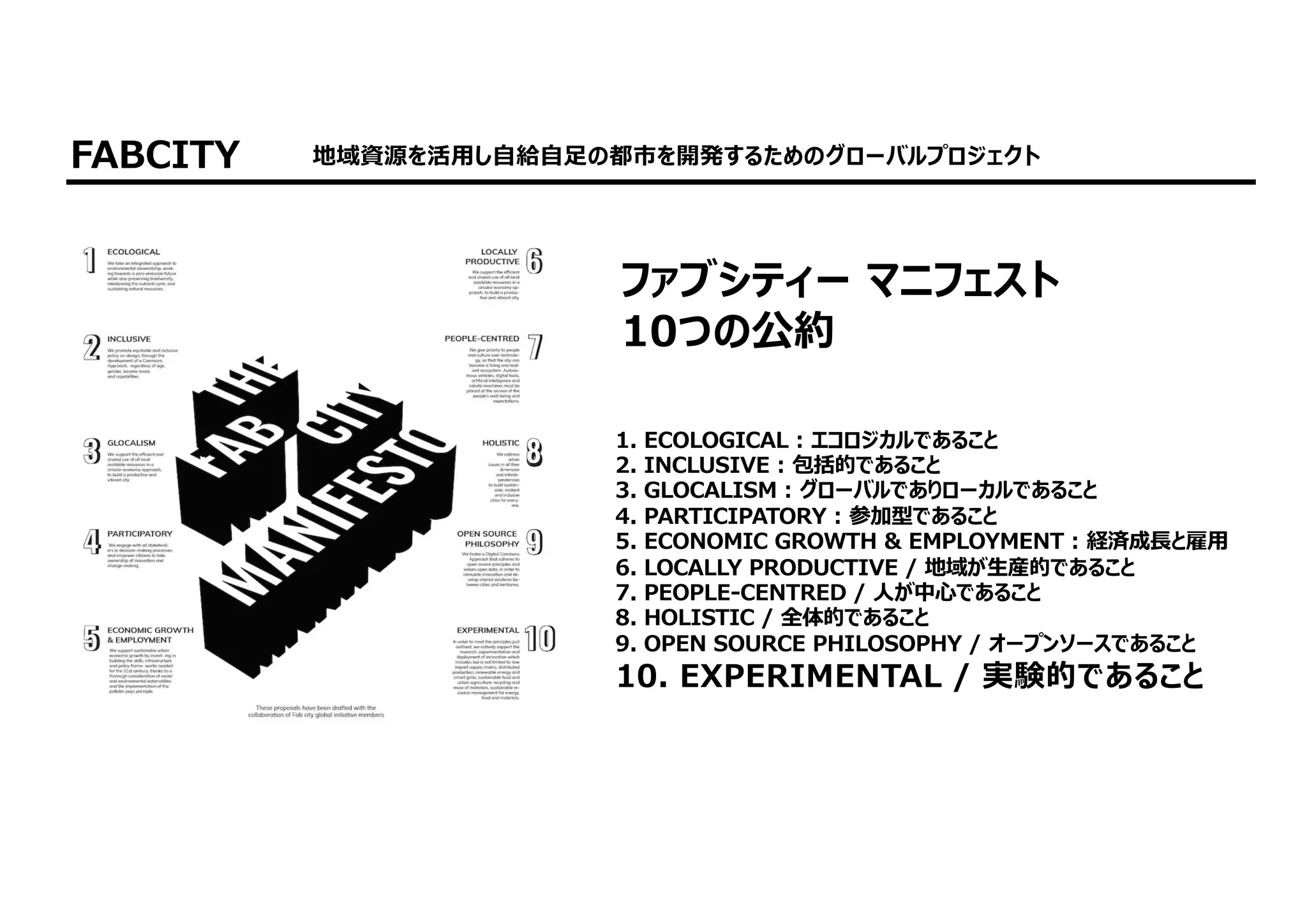 1. ECOLOGICAL : エコロジカルであること
2. INCLUSIVE : 包括的であること
3. GLOCALISM : グローバルでありローカルであること
4. PARTICIPATORY : 参加型であること
5. ECONOMIC GROWTH & EMPLOYMENT : 経済成⻑と雇⽤
6. LOCALLY PRODUCTIVE / 地域が⽣産的であること
7. PEOPLE-CENTRED / ⼈が中⼼であること
8. HOLISTIC / 全体的であること
9. OPEN SOURCE PHILOSOPHY / オープンソースであること
10. EXPERIMENTAL / 実験的であること
ファブシティー マニフェスト
10つの公約
FABCITY 地域資源を活⽤し⾃給⾃⾜の都市を開発するためのグローバルプロジェクト
 