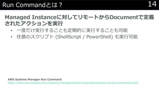 14Run Commandとは？
Managed Instanceに対してリモートからDocumentで定義
されたアクションを実行
• 一度だけ実行することも定期的に実行することも可能
• 任意のスクリプト (ShellScript / PowerShell) も実行可能
AWS Systems Manager Run Command
https://docs.aws.amazon.com/systems-manager/latest/userguide/execute-remote-commands.html
 