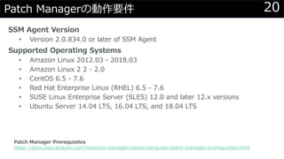 20Patch Managerの動作要件
SSM Agent Version
• Version 2.0.834.0 or later of SSM Agent
Supported Operating Systems
• Amazon Linux 2012.03 - 2018.03
• Amazon Linux 2 2 - 2.0
• CentOS 6.5 - 7.6
• Red Hat Enterprise Linux (RHEL) 6.5 - 7.6
• SUSE Linux Enterprise Server (SLES) 12.0 and later 12.x versions
• Ubuntu Server 14.04 LTS, 16.04 LTS, and 18.04 LTS
Patch Manager Prerequisites
https://docs.aws.amazon.com/systems-manager/latest/userguide/patch-manager-prerequisites.html
 