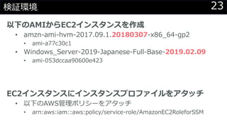 23検証環境
以下のAMIからEC2インスタンスを作成
• amzn-ami-hvm-2017.09.1.20180307-x86_64-gp2
• ami-a77c30c1
• Windows_Server-2019-Japanese-Full-Base-2019.02.09
• ami-053dccaa90600e423
EC2インスタンスにインスタンスプロファイルをアタッチ
• 以下のAWS管理ポリシーをアタッチ
• arn:aws:iam::aws:policy/service-role/AmazonEC2RoleforSSM
 