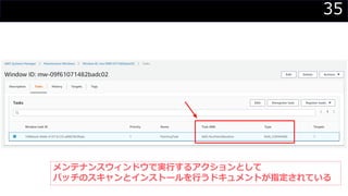 35
メンテナンスウィンドウで実行するアクションとして
パッチのスキャンとインストールを行うドキュメントが指定されている
 
