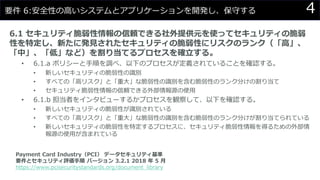 4要件 6:安全性の高いシステムとアプリケーションを開発し、保守する
6.1 セキュリティ脆弱性情報の信頼できる社外提供元を使ってセキュリティの脆弱
性を特定し、新たに発見されたセキュリティの脆弱性にリスクのランク（「高」、
「中」、「低」など）を割り当てるプロセスを確立する。
• 6.1.a ポリシーと手順を調べ、以下のプロセスが定義されていることを確認する。
• 新しいセキュリティの脆弱性の識別
• すべての「高リスク」と「重大」な脆弱性の識別を含む脆弱性のランク分けの割り当て
• セキュリティ脆弱性情報の信頼できる外部情報源の使用
• 6.1.b 担当者をインタビューするかプロセスを観察して、以下を確認する。
• 新しいセキュリティの脆弱性が識別されている
• すべての「高リスク」と「重大」な脆弱性の識別を含む脆弱性のランク分けが割り当てられている
• 新しいセキュリティの脆弱性を特定するプロセスに、セキュリティ脆弱性情報を得るための外部情
報源の使用が含まれている
Payment Card Industry（PCI） データセキュリティ基準
要件とセキュリティ評価手順 バージョン 3.2.1 2018 年 5 月
https://www.pcisecuritystandards.org/document_library
 