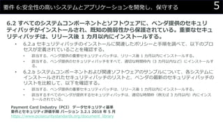 5要件 6:安全性の高いシステムとアプリケーションを開発し、保守する
6.2 すべてのシステムコンポーネントとソフトウェアに、ベンダ提供のセキュリ
ティパッチがインストールされ、既知の脆弱性から保護されている。重要なセキュ
リティパッチは、リリース後 1 カ月以内にインストールする。
• 6.2.a セキュリティパッチのインストールに関連したポリシーと手順を調べて、以下のプロ
セスが定義されていることを確認する。
• 該当する、ベンダ提供の重要セキュリティパッチは、リリース後 1 カ月以内にインストールする。
• 該当する、ベンダ提供のセキュリティパッチをすべて、適切な時間枠内（3 カ月以内など）にインストールす
る。
• 6.2.b システムコンポーネントおよび関連ソフトウェアのサンプルについて、各システムに
インストールされたセキュリティパッチのリストと、ベンダの最新のセキュリティパッチの
リストを比較して、以下を確認する。
• 該当する、ベンダ提供の重要セキュリティパッチは、リリース後 1 カ月以内にインストールする。
• 該当するすべてのベンダが提供するセキュリティパッチは、適切な時間枠（例えば 3 カ月以内）内にインス
トールされている。
Payment Card Industry（PCI） データセキュリティ基準
要件とセキュリティ評価手順 バージョン 3.2.1 2018 年 5 月
https://www.pcisecuritystandards.org/document_library
 