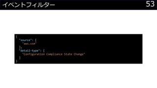 53イベントフィルター
{
"source": [
"aws.ssm"
],
"detail-type": [
"Configuration Compliance State Change"
]
}
 