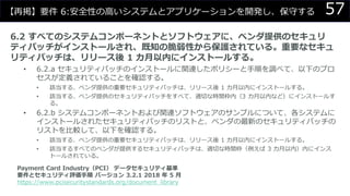 57【再掲】要件 6:安全性の高いシステムとアプリケーションを開発し、保守する
6.2 すべてのシステムコンポーネントとソフトウェアに、ベンダ提供のセキュリ
ティパッチがインストールされ、既知の脆弱性から保護されている。重要なセキュ
リティパッチは、リリース後 1 カ月以内にインストールする。
• 6.2.a セキュリティパッチのインストールに関連したポリシーと手順を調べて、以下のプロ
セスが定義されていることを確認する。
• 該当する、ベンダ提供の重要セキュリティパッチは、リリース後 1 カ月以内にインストールする。
• 該当する、ベンダ提供のセキュリティパッチをすべて、適切な時間枠内（3 カ月以内など）にインストールす
る。
• 6.2.b システムコンポーネントおよび関連ソフトウェアのサンプルについて、各システムに
インストールされたセキュリティパッチのリストと、ベンダの最新のセキュリティパッチの
リストを比較して、以下を確認する。
• 該当する、ベンダ提供の重要セキュリティパッチは、リリース後 1 カ月以内にインストールする。
• 該当するすべてのベンダが提供するセキュリティパッチは、適切な時間枠（例えば 3 カ月以内）内にインス
トールされている。
Payment Card Industry（PCI） データセキュリティ基準
要件とセキュリティ評価手順 バージョン 3.2.1 2018 年 5 月
https://www.pcisecuritystandards.org/document_library
 