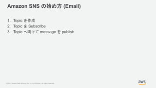 © 2019, Amazon Web Services, Inc. or its Affiliates. All rights reserved.
Amazon SNS の始め方 (Email)
1. Topic を作成
2. Topic を ...
