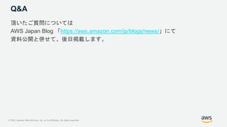 © 2019, Amazon Web Services, Inc. or its Affiliates. All rights reserved.
Q&A
頂いたご質問については
AWS Japan Blog 「https://aws.amaz...