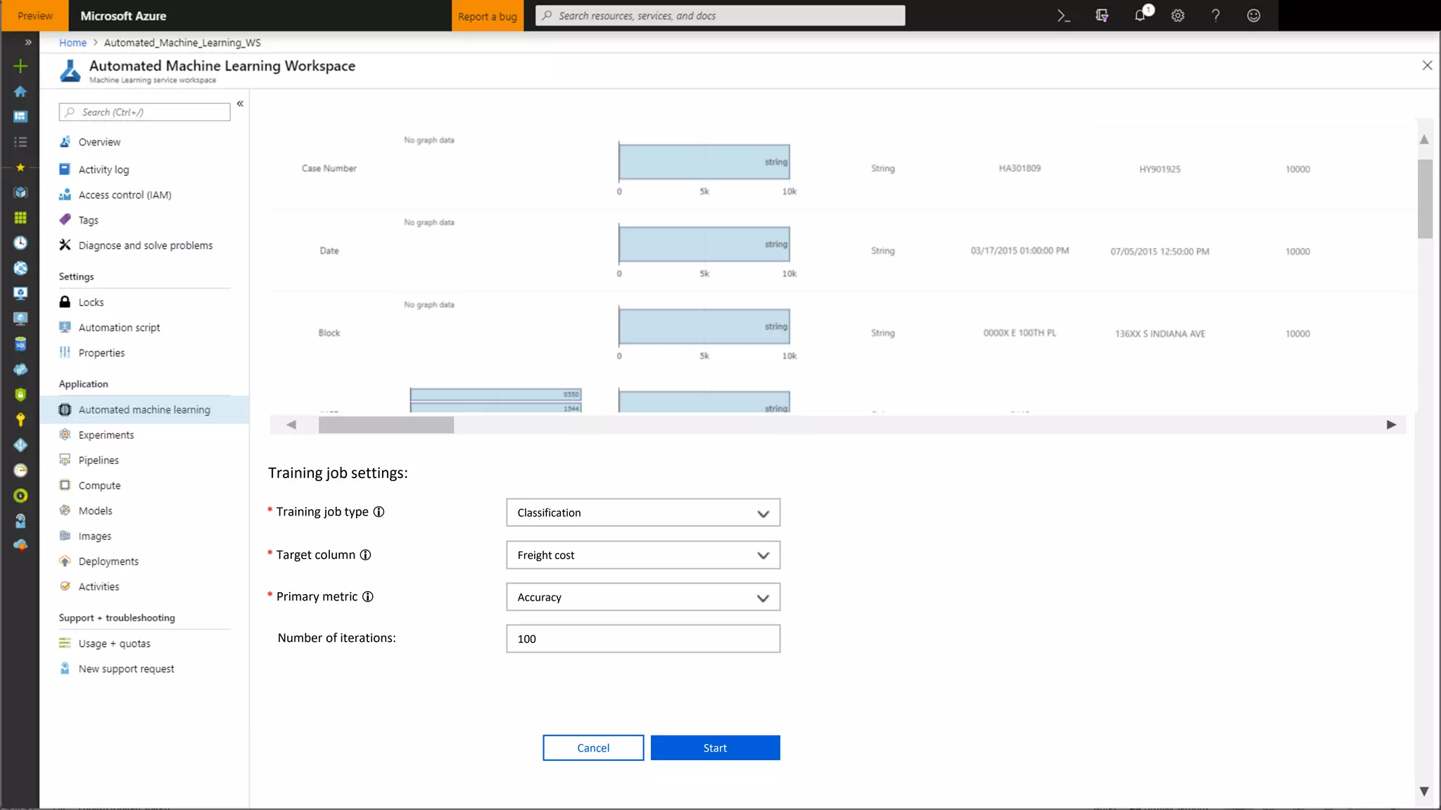 Training job settings:
* Training job type  Classification
* Target column  Freight cost
* Primary metric  Accuracy
Number of iterations: 100
StartCancel
 