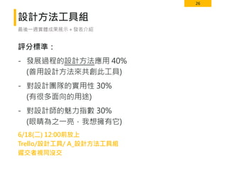 26
設計方法工具組
評分標準：
- 發展過程的設計方法應用 40%
(善用設計方法來共創此工具)
- 對設計團隊的實用性 30%
(有很多面向的用途)
- 對設計師的魅力指數 30%
(眼睛為之一亮，我想擁有它)
6/18(二) 12:00前放上
Trello/設計工具/ A_設計方法工具組
遲交者視同沒交
最後一週實體成果展示＋發表介紹
 