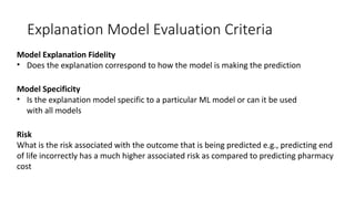 Explanation	Model	Evaluation	Criteria
Model	Explanation	Fidelity
• Does	the	explanation	correspond	to	how	the	model	is	mak...