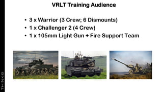 VRLT Training Audience
• 3 x Warrior (3 Crew; 6 Dismounts)
• 1 x Challenger 2 (4 Crew)
• 1 x 105mm Light Gun + Fire Support Team
 