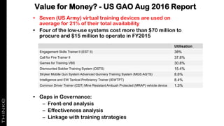Value for Money? - US GAO Aug 2016 Report
• Seven (US Army) virtual training devices are used on
average for 21% of their total availability
• Four of the low-use systems cost more than $70 million to
procure and $15 million to operate in FY2015
• Gaps in Governance:
– Front-end analysis
– Effectiveness analysis
– Linkage with training strategies
Utilisation
Engagement Skills Trainer II (EST II) 38%
Call for Fire Trainer II 37.8%
Games for Training VBS 30.8%
Dismounted Soldier Training System (DSTS) 15.4%
Stryker Mobile Gun System Advanced Gunnery Training System (MGS AGTS) 8.6%
Intelligence and EW Tactical Proficiency Trainer (IEWTPT) 8.4%
Common Driver Trainer (CDT) Mine Resistant Ambush Protected (MRAP) vehicle device 1.3%
 