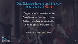 Data Scientists have to put it the work
to not end up in ML hell
30
“The gates of hell are open night and day;
Smooth the descent, and easy is the way:
But to return, and view the cheerful skies,
In this the task and mighty labor lies.”
The Works of Virgil (John Dryden)
 