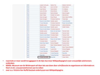 • naarmate er meer wordt teruggegaan in de tijd, hoe meer Wikipediapagina’s over vrouwelijke wielrenners
ontbreken
• KOERS. Museum van de Wielersport wil daar iets aan doen door schrijfsessies te organiseren en informatie en
foto’s m.b.t. vrouwenwielrennen aan te reiken
• over o.a. Victoire Van Nuffel bestaat ondertussen een Wikipediapagina
 