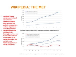 • dergelijke musea
combineren het besef
dat kennis een
gemeenschappelijk
goed is, en dus vrij
gedeeld moet worden,
met een uitgekiende
marketingsstrategie
• (wereld)wijde online
zichtbaarheid is
belangrijk voor hen om
hun merkbekendheid
te versterken en de
aanwezigheid van hun
collectie in de
Wikimediaplatformen
draagt daaraan bij
 