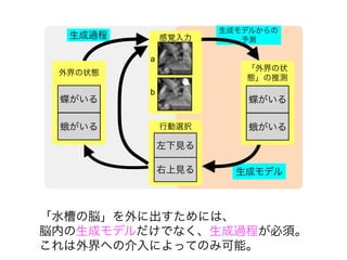 感覚入力
生成モデルからの
予測
生成モデル
生成過程
行動選択
右上見る
左下見る
蝶がいる
外界の状態
蛾がいる
「外界の状
態」の推測
蝶がいる
蛾がいる
a
b
「水槽の脳」を外に出すためには、
脳内の生成モデルだけでなく、生成過程が必須。
これは外界への介入によってのみ可能。
 