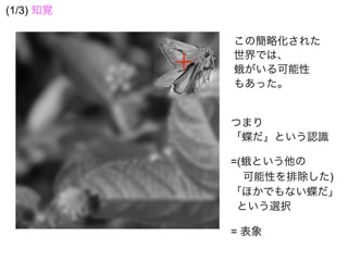 この簡略化された
世界では、
蛾がいる可能性
もあった。
つまり
「蝶だ」という認識
=(蛾という他の
可能性を排除した)
「ほかでもない蝶だ」
という選択
= 表象
(1/3) 知覚
 