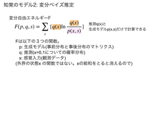 知覚のモデル2: 変分ベイズ推定
F(p, q, s) =
∑
x
{q(x)ln
q(x)
p(x, s)
}
変分自由エネルギーF
Fは以下の３つの関数。
p: 生成モデル(事前分布と事後分布のマトリクス)
q: 推測(x=0,1についての確率分布)
s: 感覚入力(観測データ)
(外界の状態x の関数ではない。xの総和をとると消えるので)
推測q(x)と
生成モデルp(x,s)だけで計算できる
 