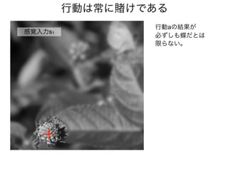 行動aの結果が
必ずしも蝶だとは
限らない。
感覚入力s1
行動は常に けである
 