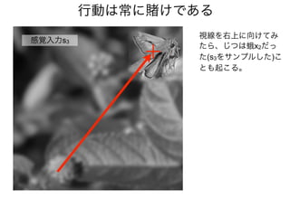 視線を右上に向けてみ
たら、じつは蛾x2だっ
た(s3をサンプルした)こ
とも起こる。
感覚入力s3
行動は常に けである
 