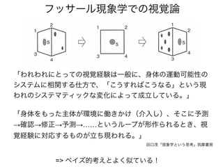 「われわれにとっての視覚経験は一般に、身体の運動可能性の
システムに相関する仕方で、「こうすればこうなる」という現
われのシステマティックな変化によって成立している。」
「身体をもった主体が環境に働きかけ（介入し）、そこに予測
→確認→修正→予測→……というループが形作られるとき、視
覚経験に対応するものが立ち現われる。」
フッサール現象学での視覚論
田口茂「現象学という思考」筑摩書房
=> ベイズ的考えとよく似ている！
 