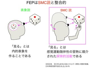 表象説 SMC 説
「見る」とは
感覚運動随伴性の習熟に媒介
された探索的活動である
吉田正俊， 田口茂 (2018) 自由エネルギー原理と視覚的意識.
日本神経回路学会誌 25 (3), 53-70
「見る」とは
内的表象を
作ることである
FEPはSMC説と整合的
 