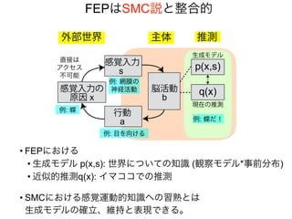 主体
外部世界
感覚入力
s
行動
a
感覚入力の
原因 x
p(x,s)
現在の推測
q(x)
生成モデル
推測
例: 網膜の
神経活動
直接は
アクセス
不可能
例: 目を向ける
例: 蝶
脳活動
b
例: 蝶だ！
• FEPにおける
• 生成モデル p(x,s): 世界についての知識 (観察モデル*事前分布)
• 近似的推測q(x): イマココでの推測
• SMCにおける感覚運動的知識への習熟とは
生成モデルの確立、維持と表現できる。
FEPはSMC説と整合的
 
