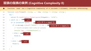 冒頭の指摘の実例 (Cognitive Complexity 8)
+1
+2 ( if 1 + nest 1)
+1
+1
+3 ( if 1 + nest 2 )
 