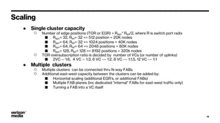 ● Single cluster capacity
○ Number of edge positions (TOR or EGR) = Rspn* Rlef/2, where R is switch port radix
■ Rspn= 32, Rlef= 32 => 512 position = 20K nodes
■ Rspn= 64, Rlef= 32 => 1024 positions = 40K nodes
■ Rspn= 64, Rlef= 64 => 2048 positions = 80K nodes
■ Rspn= 128, Rlef= 128 => 8192 positions = 320k nodes
○ TOR oversubscription ratio is decided by number of VCs (or number of uplinks)
■ 2VC -- 1:6, 4 VC -- 1:3, 6 VC --- 1:2, 8 VC --- 1:1.5, 12 VC --- 1:1
● Multiple clusters
○ Multiple clusters can be connected thru N-way FABs
○ Additional east-west capacity between the clusters can be added by:
■ Horizontal scaling (additional EGR’s, or additional FABs)
■ Multiple FAB planes (inc dedicated “internal” FABs for east-west traffic only)
■ Turning a FAB into a VC itself
Scaling
19
 