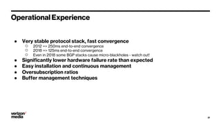 Operational Experience
● Very stable protocol stack, fast convergence
○ 2012 => 250ms end-to-end convergence
○ 2018 => 125ms end-to-end convergence
○ Even in 2018 some BGP stacks cause micro-blackholes - watch out!
● Significantly lower hardware failure rate than expected
● Easy installation and continuous management
● Oversubscription ratios
● Buffer management techniques
21
 