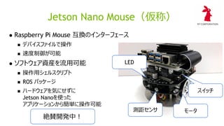 Jetson Nano Mouse（仮称）
⚫ Raspberry Pi Mouse 互換のインターフェース
◼ デバイスファイルで操作
◼ 速度制御が可能
⚫ ソフトウェア資産を流用可能
◼ 操作用シェルスクリプト
◼ ROS パッケージ
◼ ハードウェアを気にせずに
Jetson Nanoを使った
アプリケーションから簡単に操作可能
測距センサ モータ
スイッチ
LED
絶賛開発中！
 