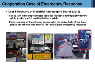  Lost & Recovery of Industrial Radiography Source (2010)
◦ Cause : An old scrap collector took the industrial radiography device
while workers left it unattended for a while
◦ Early recovery of the missing source with the active help of the local
police officer who was trained for radiological emergency response
Cooperation Case of Emergency Response
가압이온챔버
NaI 섬광검출기
HPIC
NaI detector
 