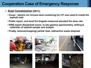  Road Contamination (2011)
◦ Cause : electric arc furnace dust containing Cs-137 was used to install the
asphalt road
◦ Public report, and local fire brigade measured elevated the dose rate
◦ KINS expert dispatched scene, in-situ gamma spectrometry, drilling &
collection of asphalt sample and analyze
◦ Finally, remove(chopping) partial road, radioactive waste disposal
Cooperation Case of Emergency Response
 