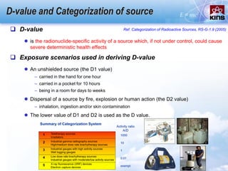 D-value and Categorization of source
 D-value
 is the radionuclide-specific activity of a source which, if not under control, could cause
severe deterministic health effects
 Exposure scenarios used in deriving D-value
 An unshielded source (the D1 value)
– carried in the hand for one hour
– carried in a pocket for 10 hours
– being in a room for days to weeks
 Dispersal of a source by fire, explosion or human action (the D2 value)
– inhalation, ingestion and/or skin contamination
 The lower value of D1 and D2 is used as the D value.
Ref. Categorization of Radioactive Sources, RS-G-1.9 (2005)
 