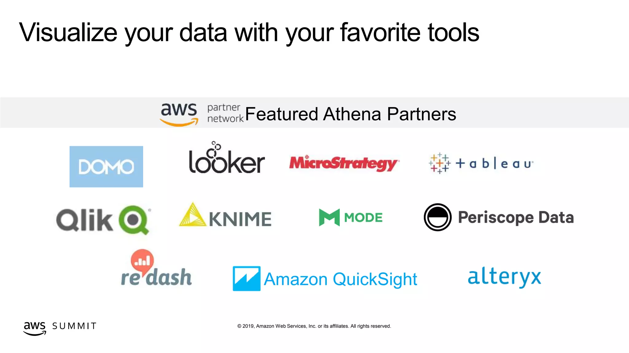 © 2019, Amazon Web Services, Inc. or its affiliates. All rights reserved.S U M M I T
Visualize your data with your favorite tools
Featured Athena Partners
Amazon QuickSight
 