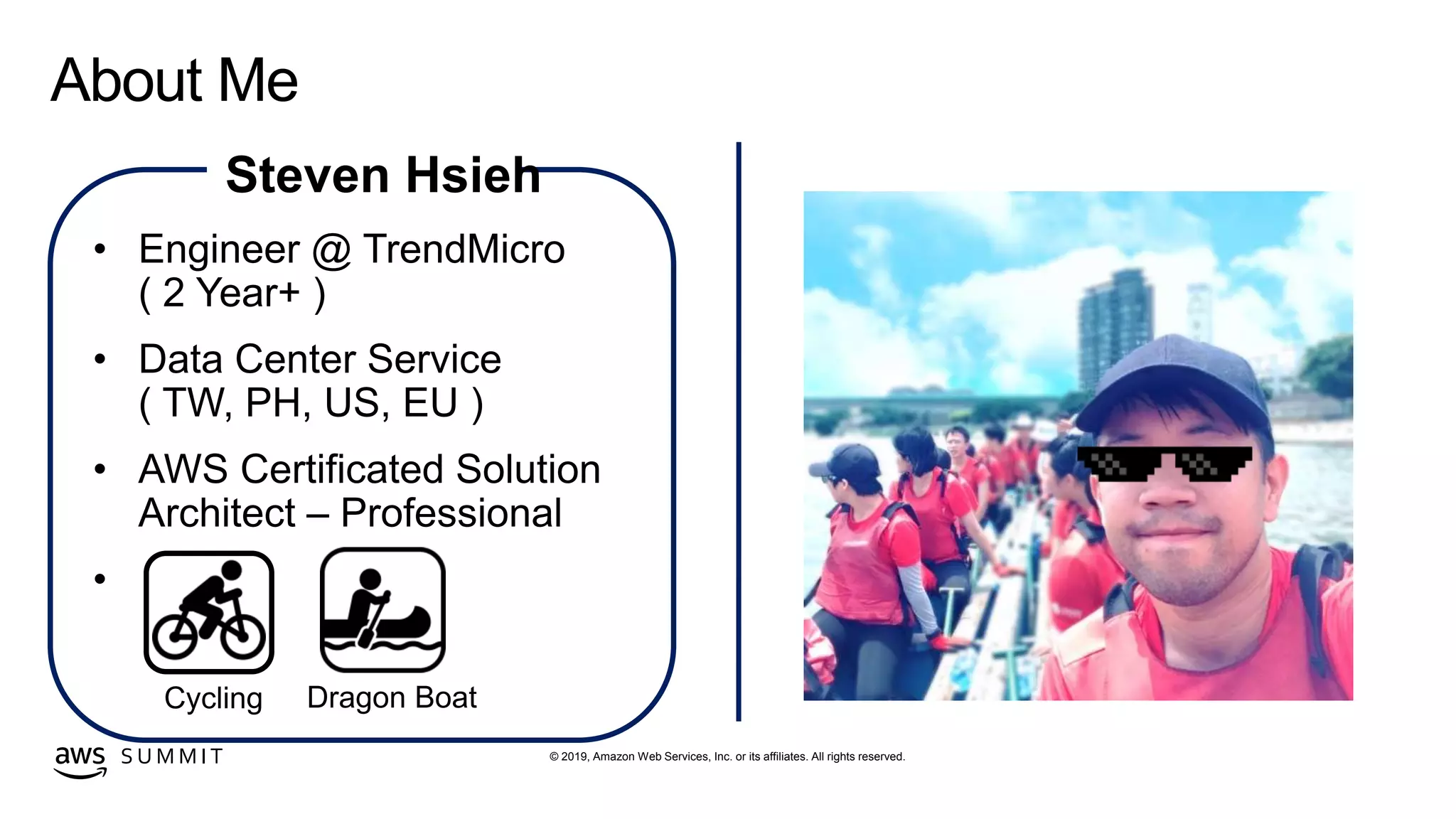 © 2019, Amazon Web Services, Inc. or its affiliates. All rights reserved.S U M M I T
About Me
Steven Hsieh
 