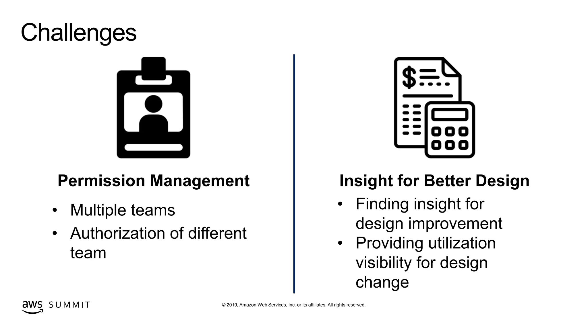 © 2019, Amazon Web Services, Inc. or its affiliates. All rights reserved.S U M M I T
Challenges
Permission Management
• Multiple teams
• Authorization of different
team
Insight for Better Design
• Finding insight for
design improvement
• Providing utilization
visibility for design
change
 