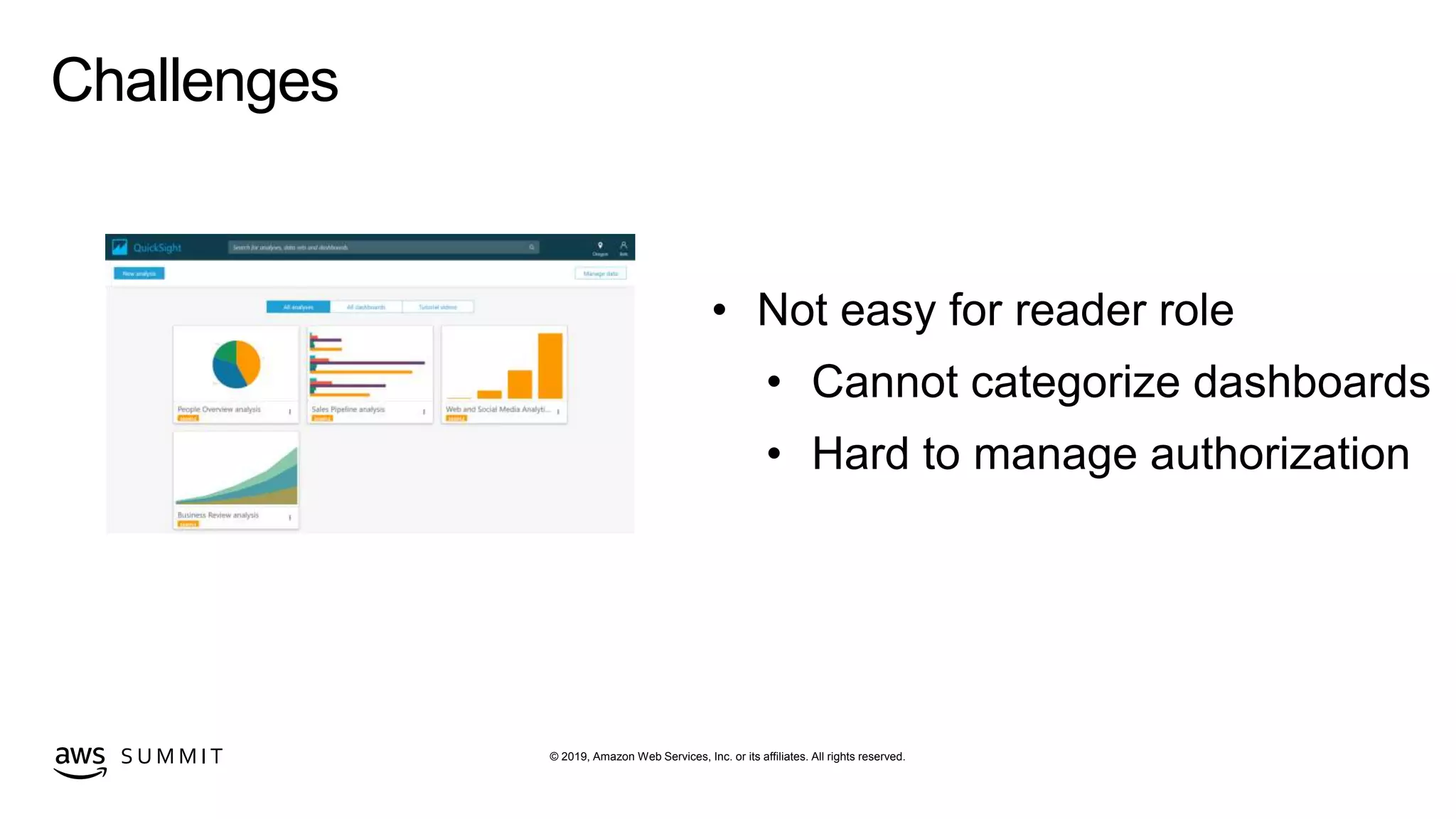 © 2019, Amazon Web Services, Inc. or its affiliates. All rights reserved.S U M M I T
Challenges
 