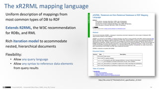 14Franck MICHEL - Université Côte d’Azur, CNRS, Inria, I3S, France
The xR2RML mapping language
Uniform description of mappings from
most common types of DB to RDF
Extends R2RML, the W3C recommendation
for RDBs, and RML
Rich iteration model to accommodate
nested, hierarchical documents
Flexibility:
• Allow any query language
• Allow any syntax to reference data elements
from query results
http://i3s.unice.fr/~fmichel/xr2rml_specification_v5.html
 