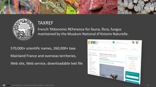 27Franck MICHEL - Université Côte d’Azur, CNRS, Inria, I3S, France
Use case
TAXREF
French TAXonomic REFerence for fauna, ﬂora, fungus
maintained by the Muséum National d’Histoire Naturelle.
570,000+ scientific names, 260,000+ taxa
Mainland France and overseas territories,
Web site, Web service, downloadable text file
 