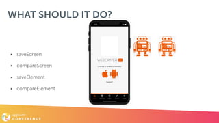 • saveScreen
• compareScreen
• saveElement
• compareElement
WHAT SHOULD IT DO?
 